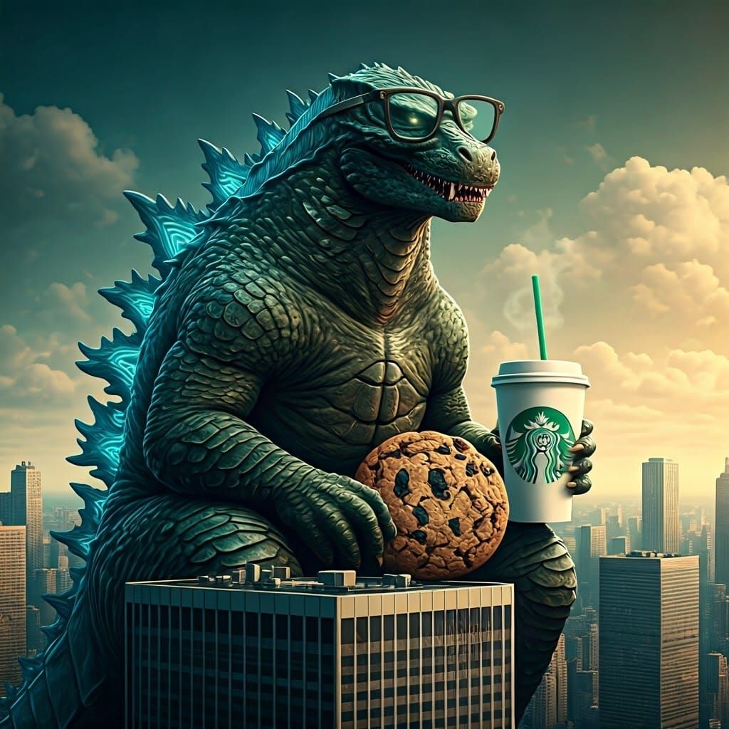 Godzilla's Coffee Break: A Whimsical Pop Art Kaiju