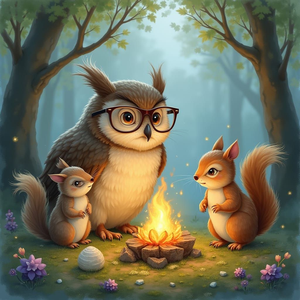 Wise Owl Shares Tales in Watercolor Forest