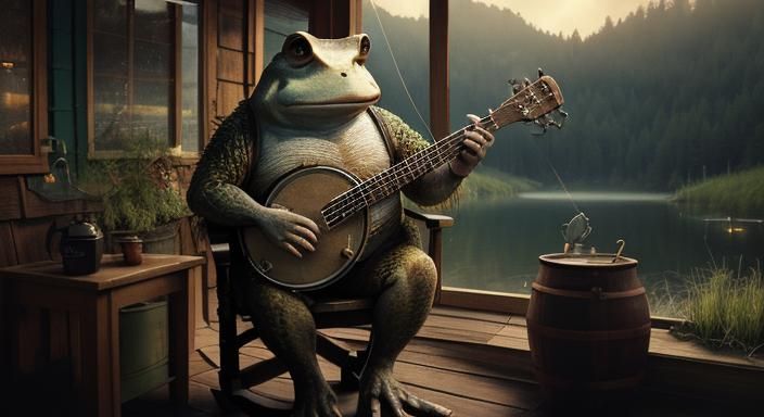 Toad Playing Banjo on Cabin Porch in UHD
