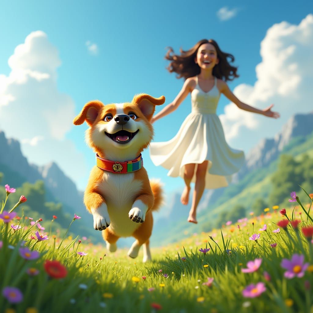 Joyful Dog Chasing Owner in Mountain Meadow