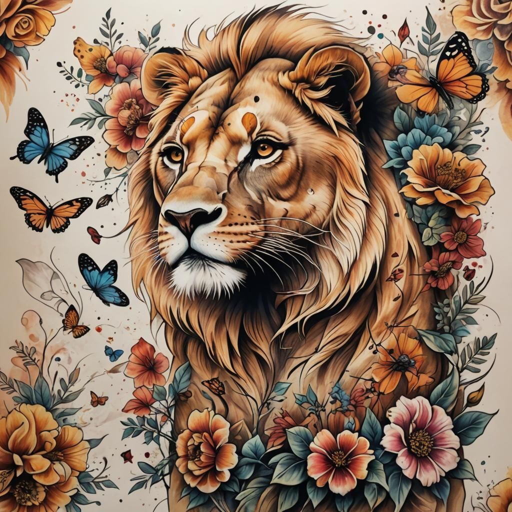 Lioness Tattoo with Butterflies and Flowers