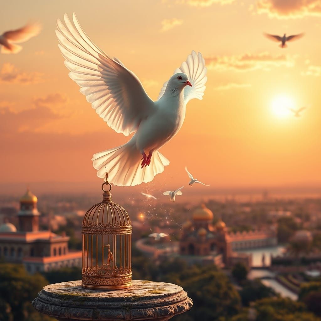 Ethereal Dove Soars Free in Golden Sunset Sky