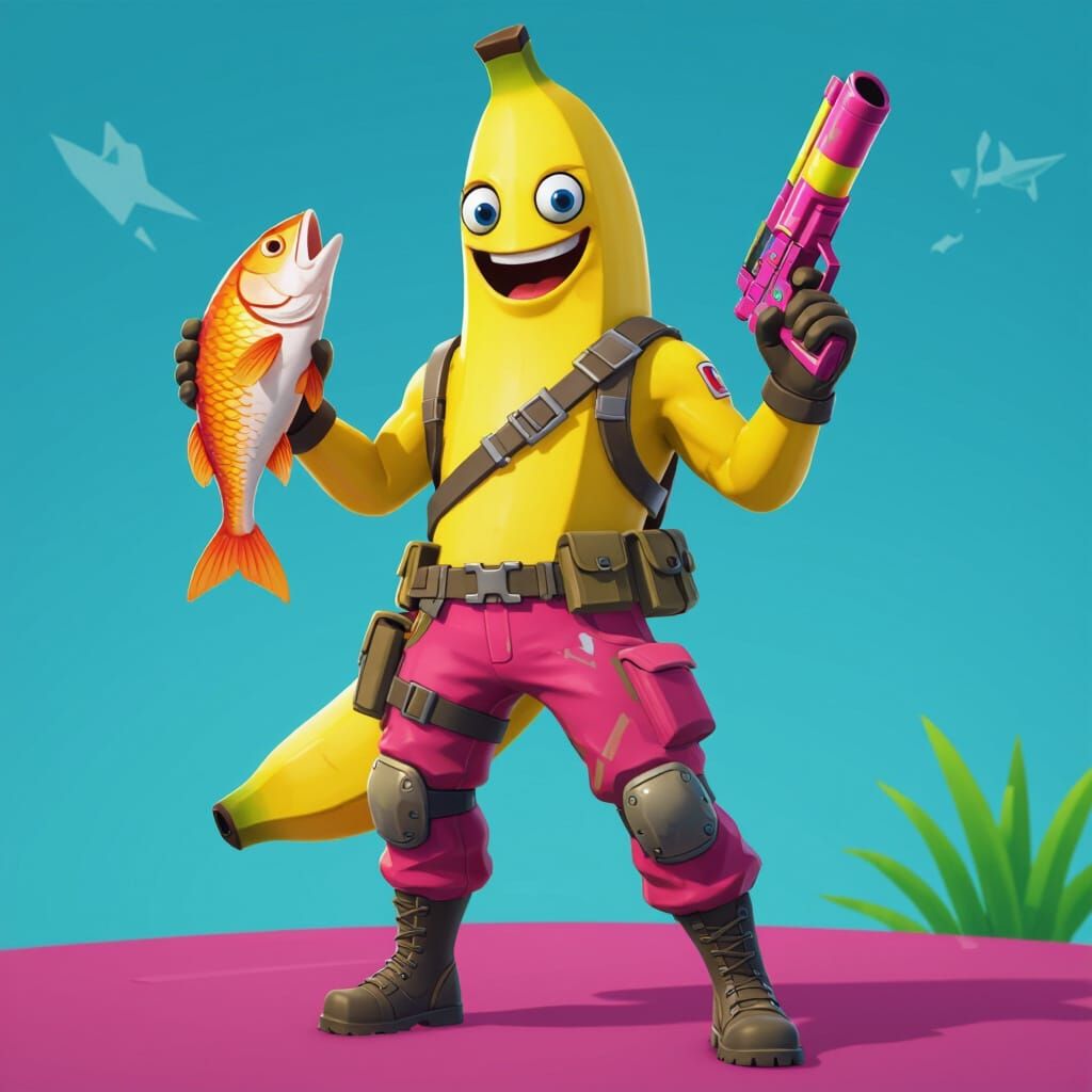 Peely the Banana Holds Fish and Gun in Cartoon Style