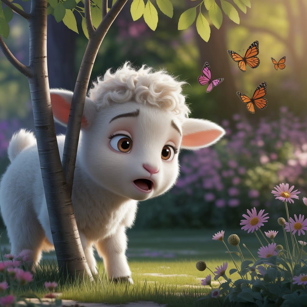 Nervous Lamb Hides From Butterflies in Pixar Animation Style