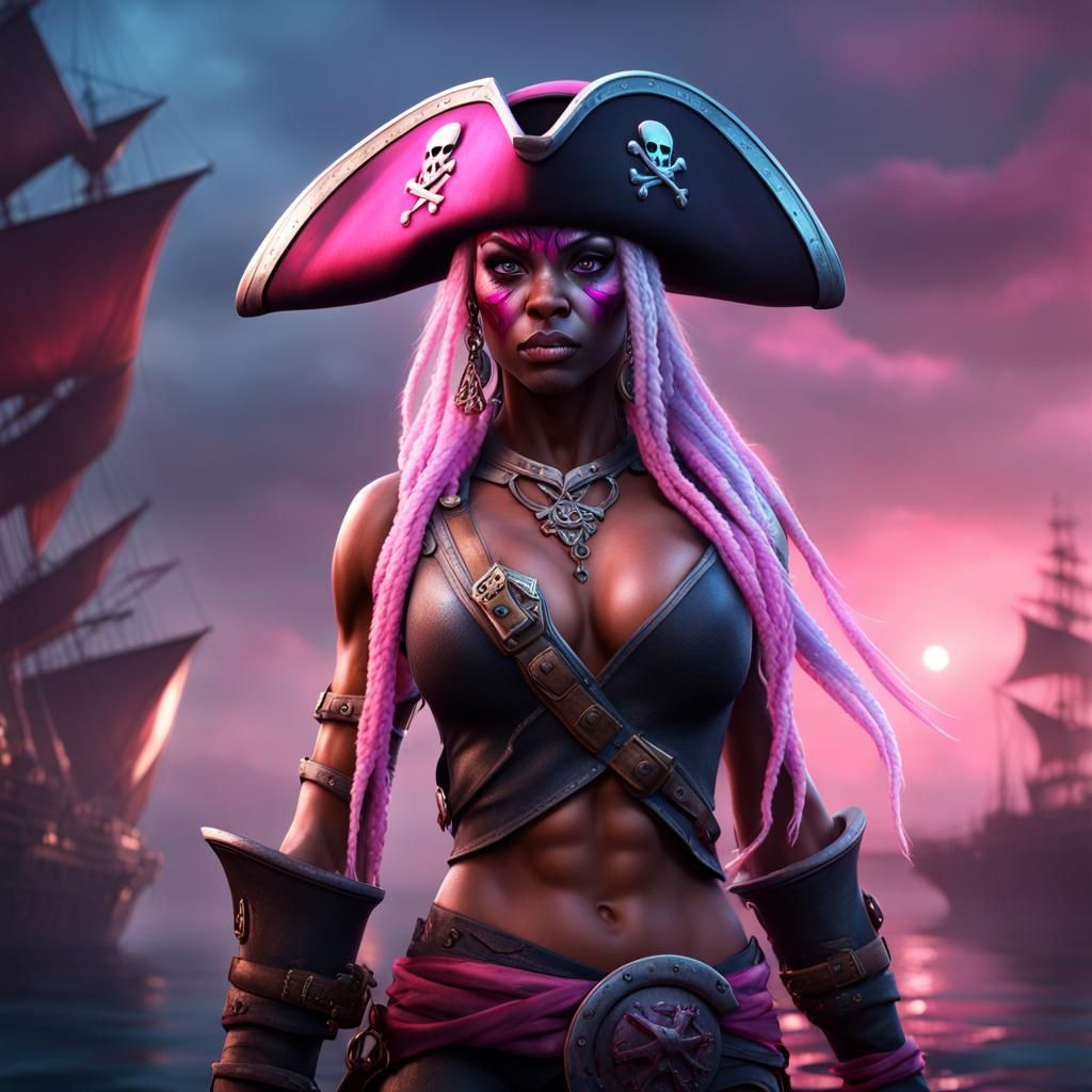 Muscular Drow Pirate Girl in Detailed Matte Painting