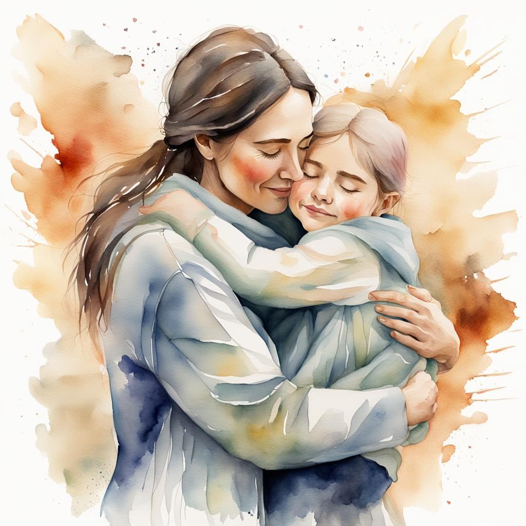 Mother and Child Embrace in Watercolor Style