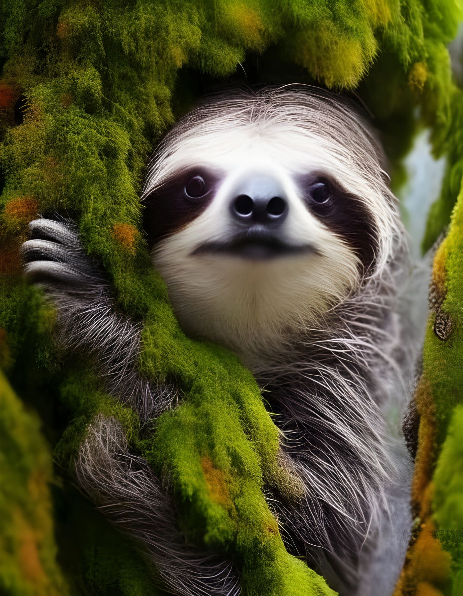 Adorable Sloth in Morning Mist, Surrealist Style