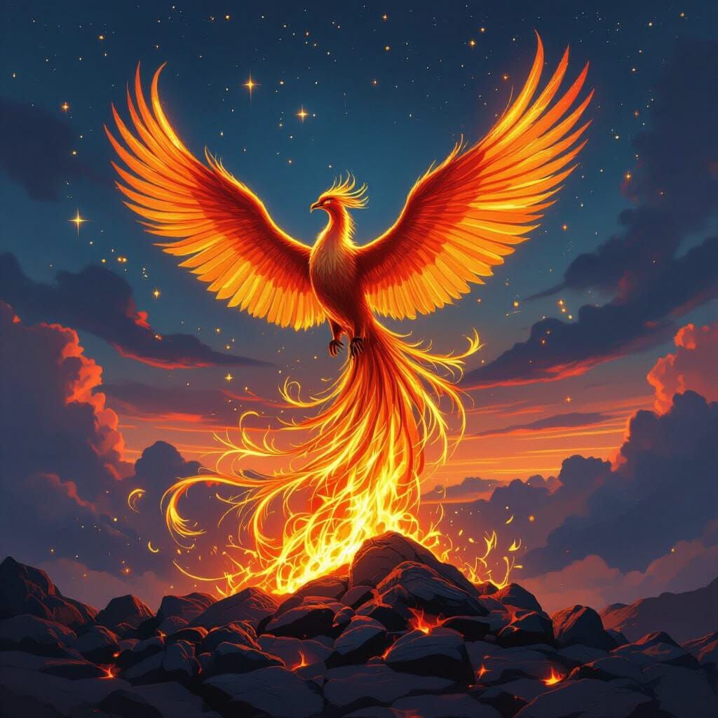 Majestic Phoenix Rising from Embers in Fantasy Style