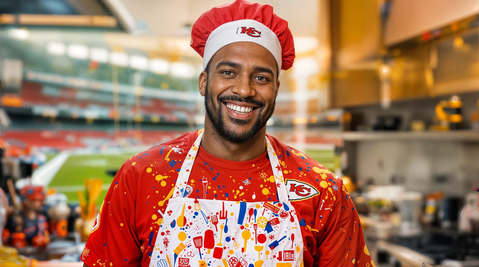 Chef in Chiefs Jersey Cooking in Football Field Kitchen