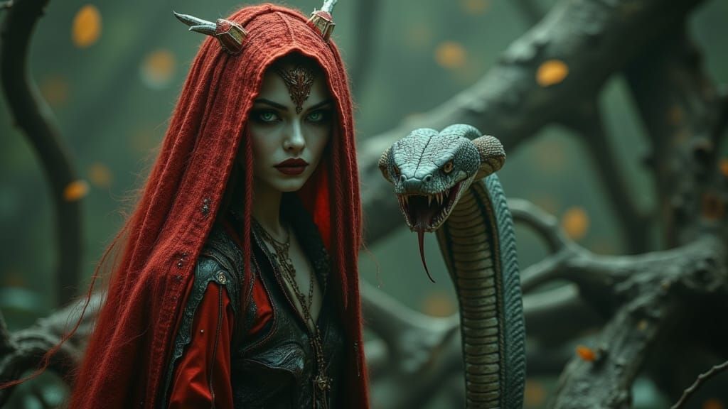 Dark Sorceress with Cobra in Ethereal Horror Art Style