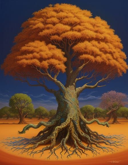 Surreal Tree of Life in Desert Oil Painting