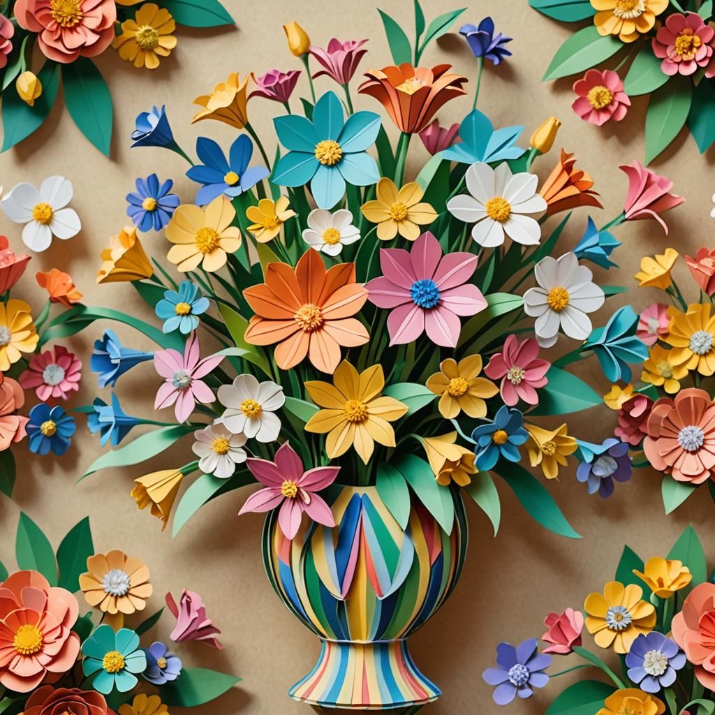 Colorful Origami Spring Flowers in Art Nouveau Vase