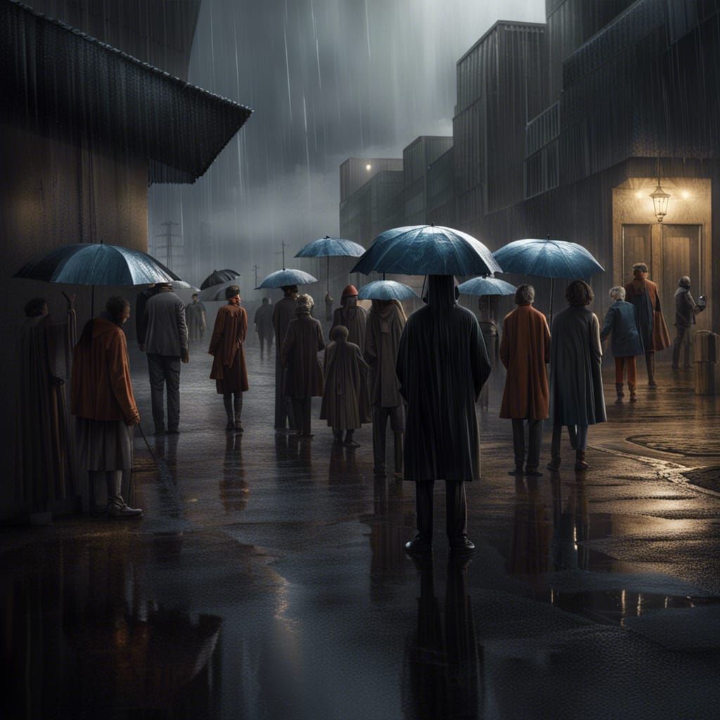 People Sheltering from Rain: Detailed Matte Painting