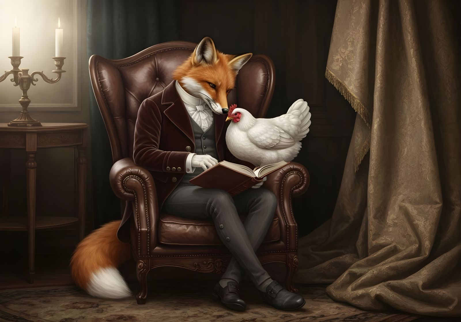 Fox Reads to Hen in Harmonious Oil Painting