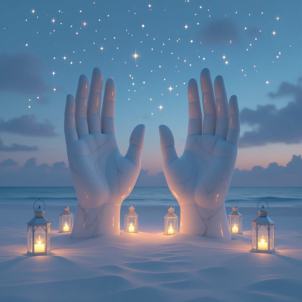 Marble Hands Emerge on Ethereal Beach