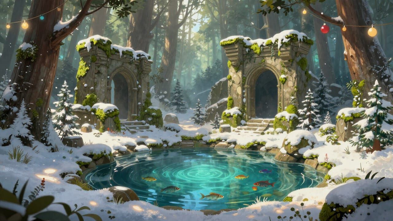 Enchanted Forest Ruins with Christmas Magic
