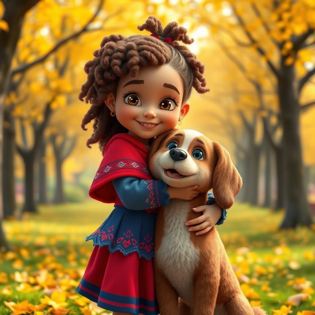 Girl and Dog Embrace in Autumn Park, 3D Rendered