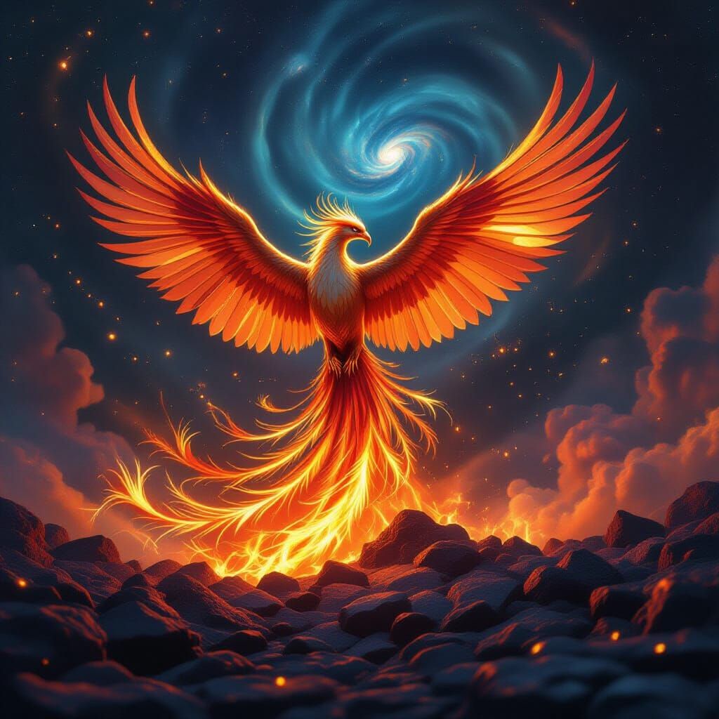 Majestic Phoenix Rises from Embers in Cosmic Vortex