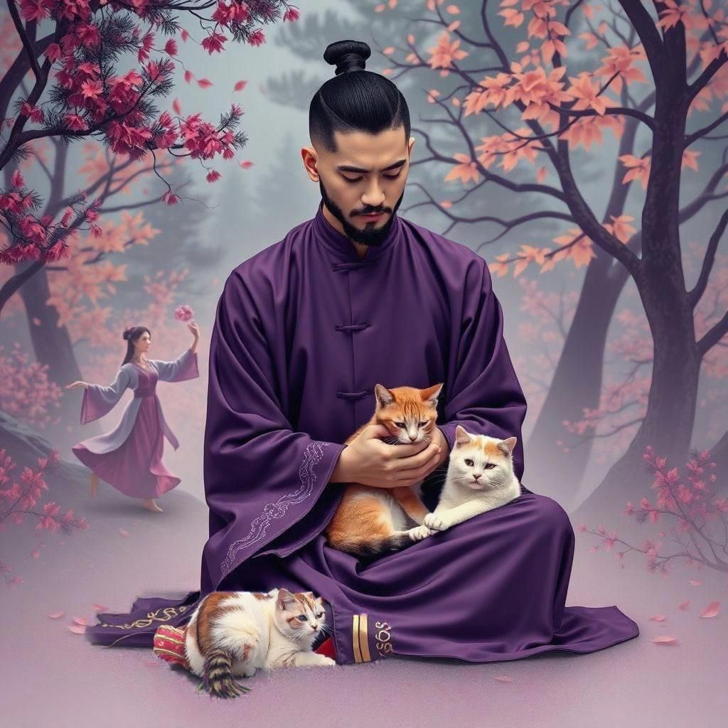 Sad Man with Cat in Autumn Garden