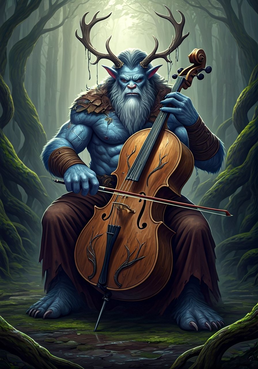 Hulking Antlered Monster Plays Cello in Misty Forest