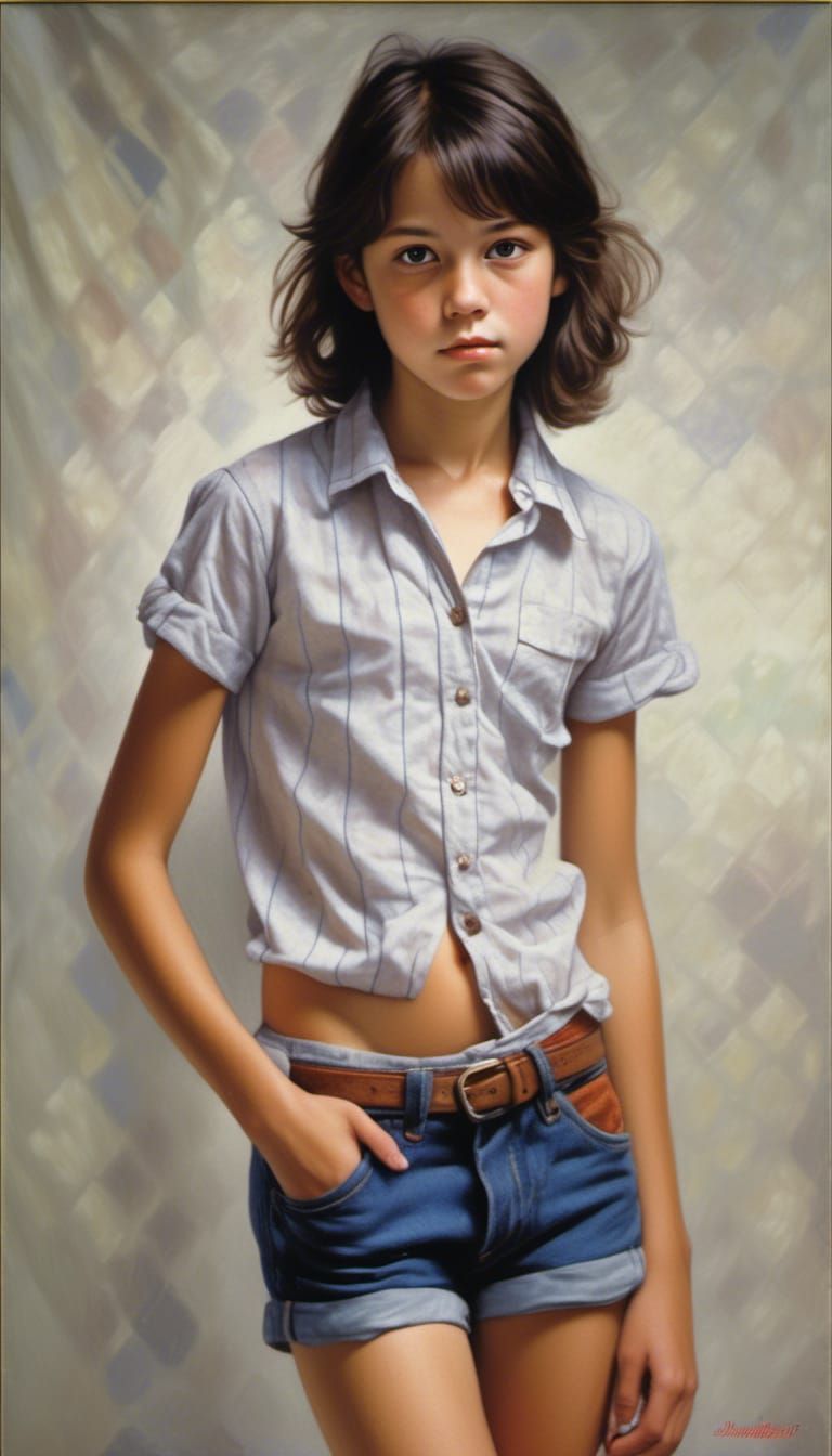Photorealistic Portrait: Young Girl in Unbuttoned Shirt