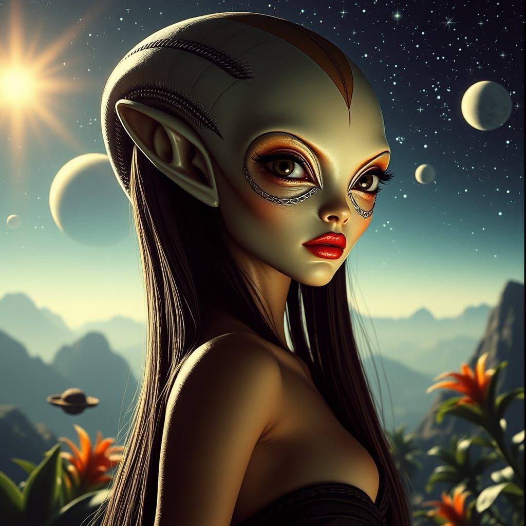 Ethereal Alien Goddess Under Starry Skies