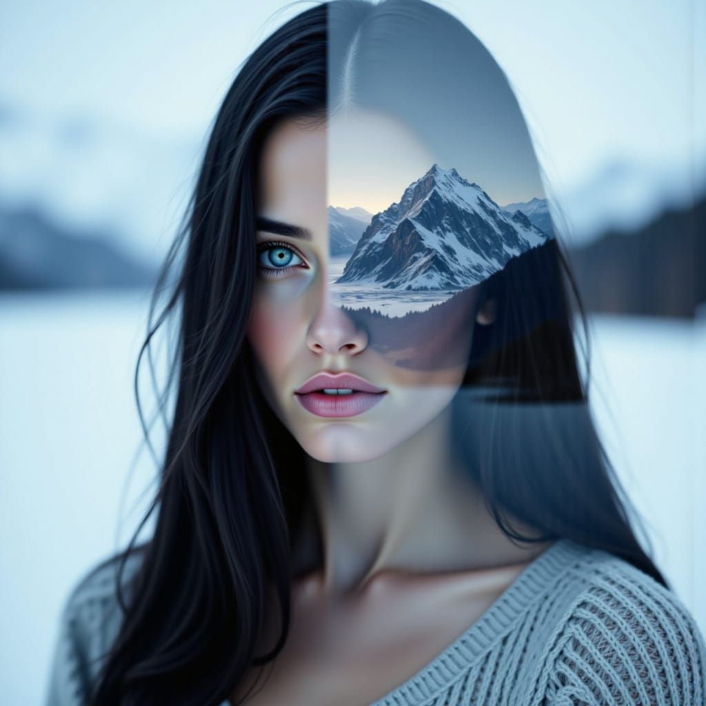 Woman's Portrait Merged with Icy Landscape