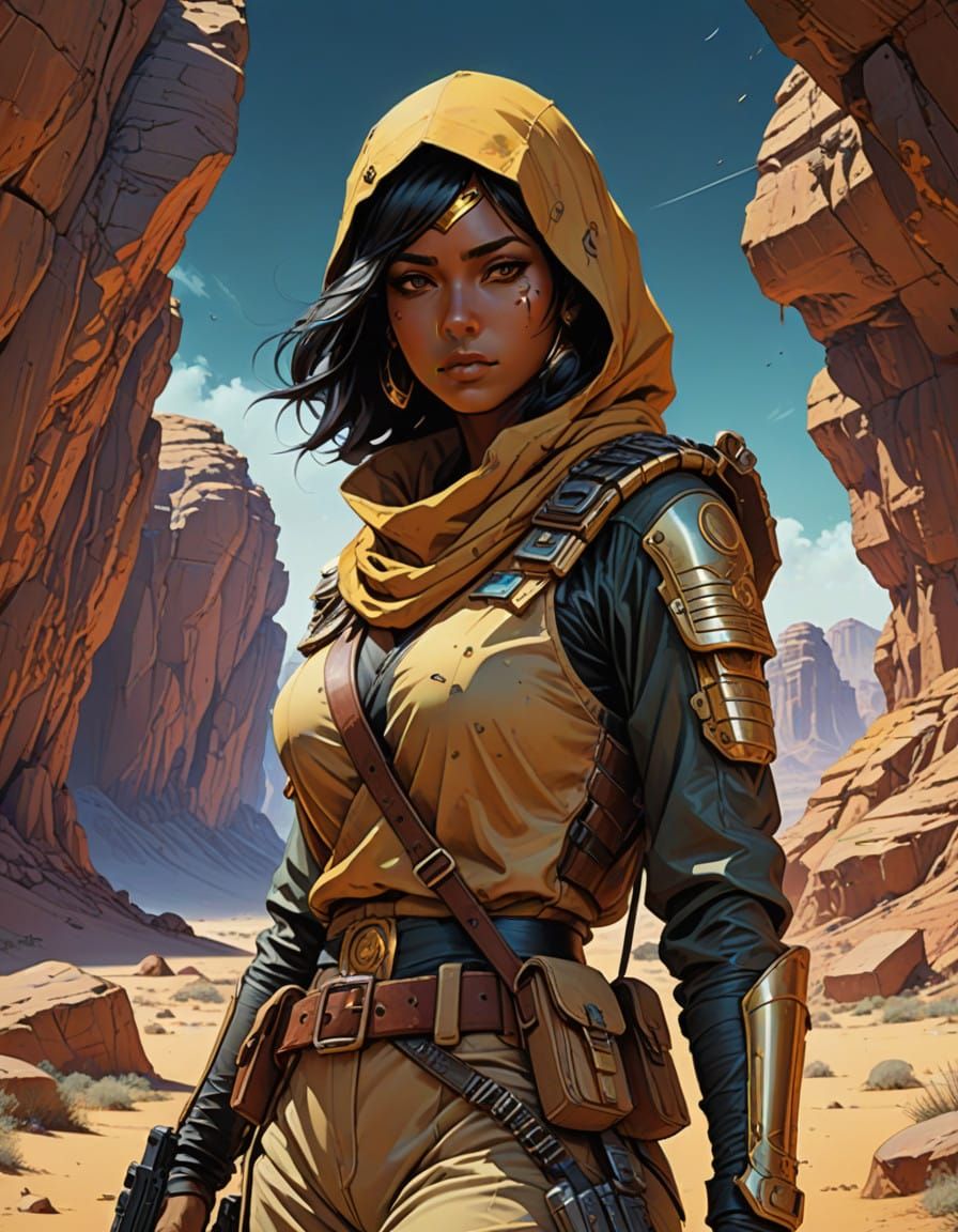 Gritty Dieselpunk Desert Warrior in Vibrant Triadic Colors