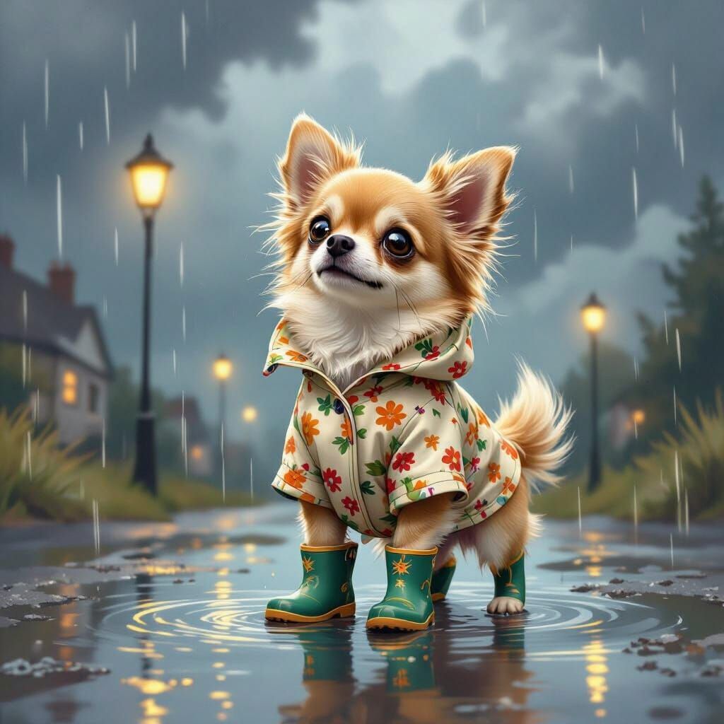 Chihuahua in Raincoat Stands in Puddle