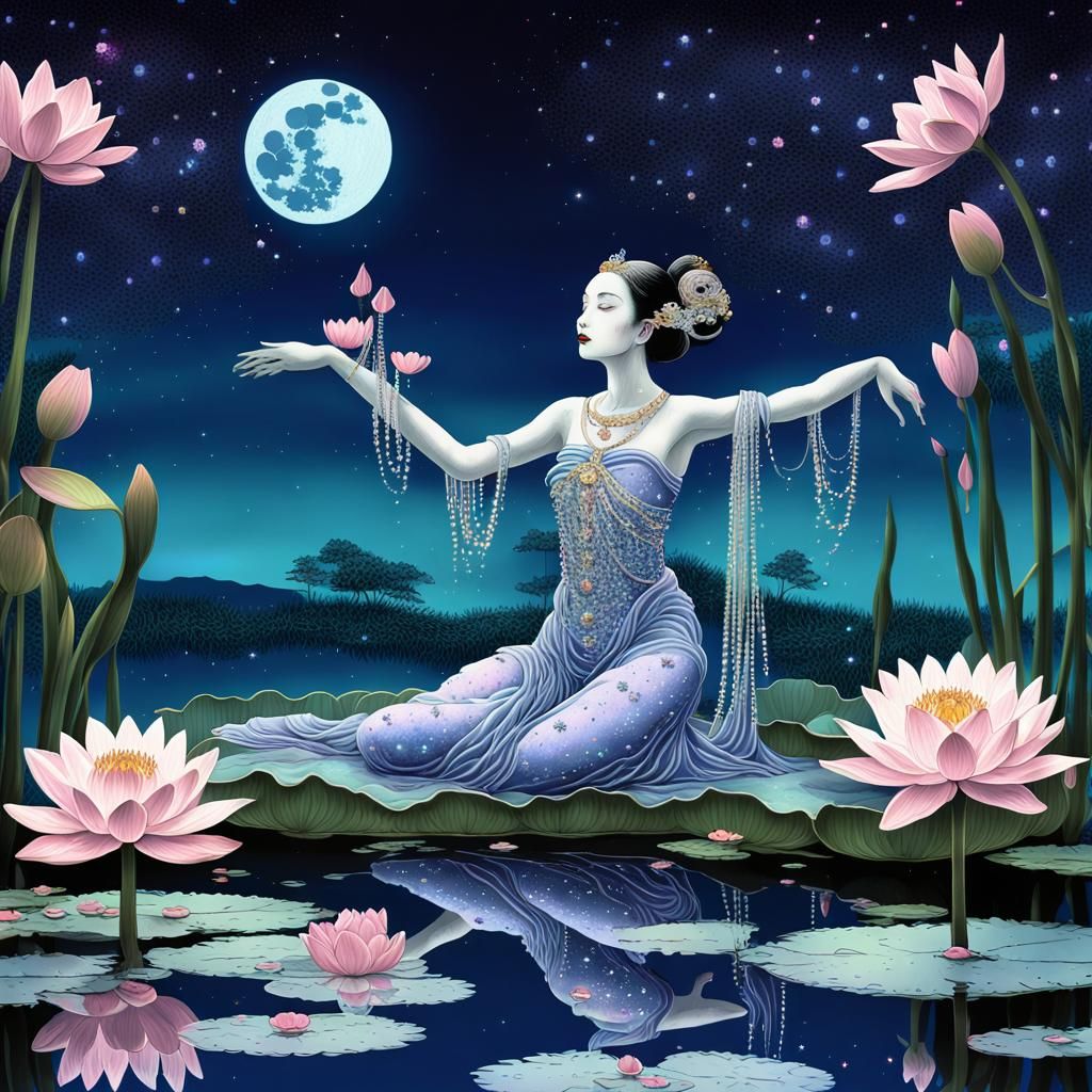 "surrealism, a moon maiden, her body encrusted with jewels l...