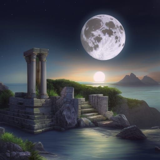 Roman Temple Ruins at Night: Detailed Matte Painting