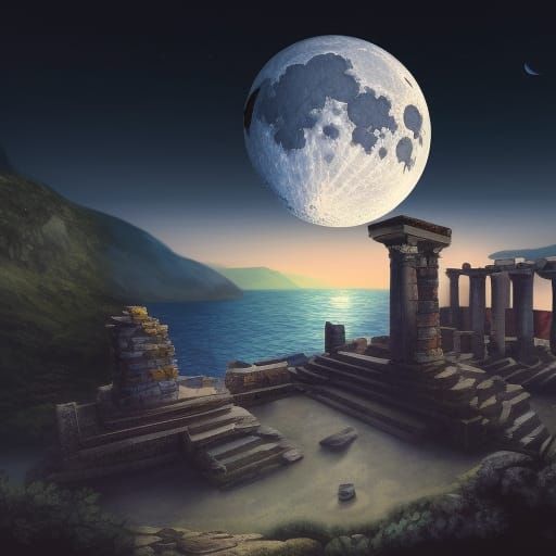 Roman Temple Ruins at Night: Detailed Matte Painting