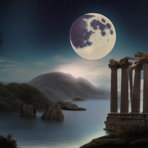 Roman Temple Ruins at Night: Detailed Matte Painting