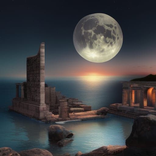 Roman Temple Ruins by the Sea at Night
