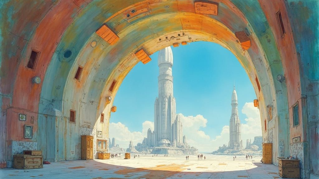 Utopian Spaceport Interior as Gouache and Watercolor