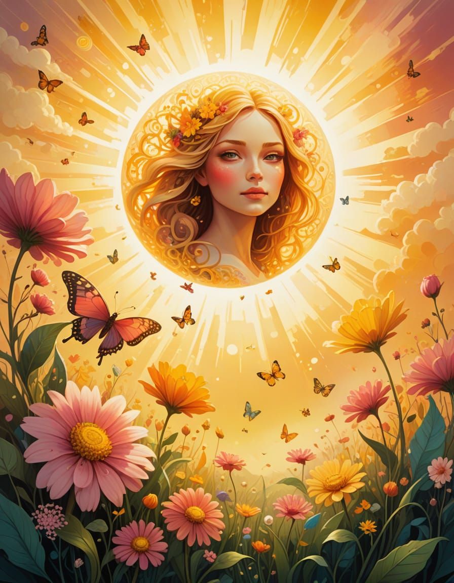Radiant Sun with Enchanting Face in Spring Landscape