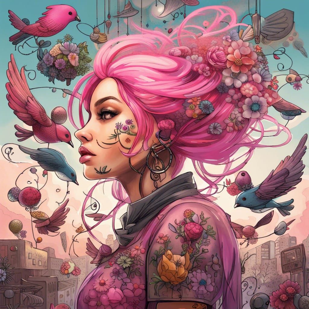 Woman Picking Flowers in Graffiti Art Style