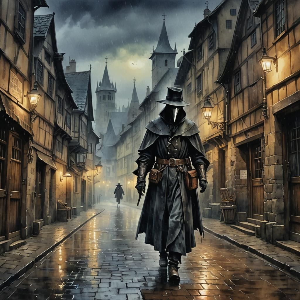 Lonely Plague Doctor in Rainy Medieval Village, Watercolor