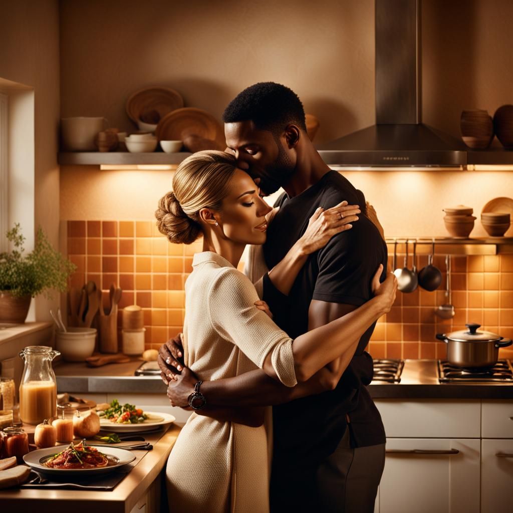 Romantic Couple Embrace in Warm Kitchen, Artstation Quality