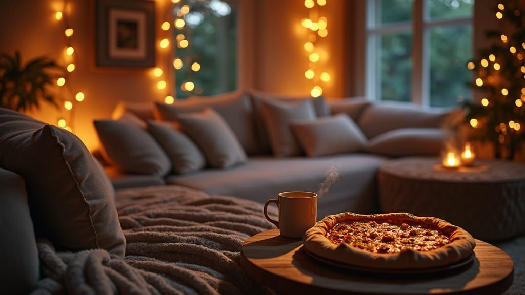 Cozy Evening Scene with Cushions and Warm Lights