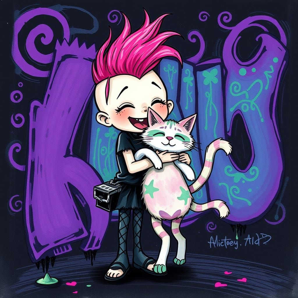 Girl with Cat in Eerie Whimsical Cartoon Style
