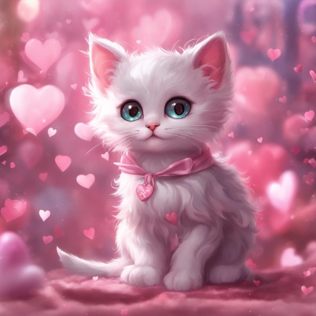 Close-up Kitten with Hearts: Digital Fantasy Art