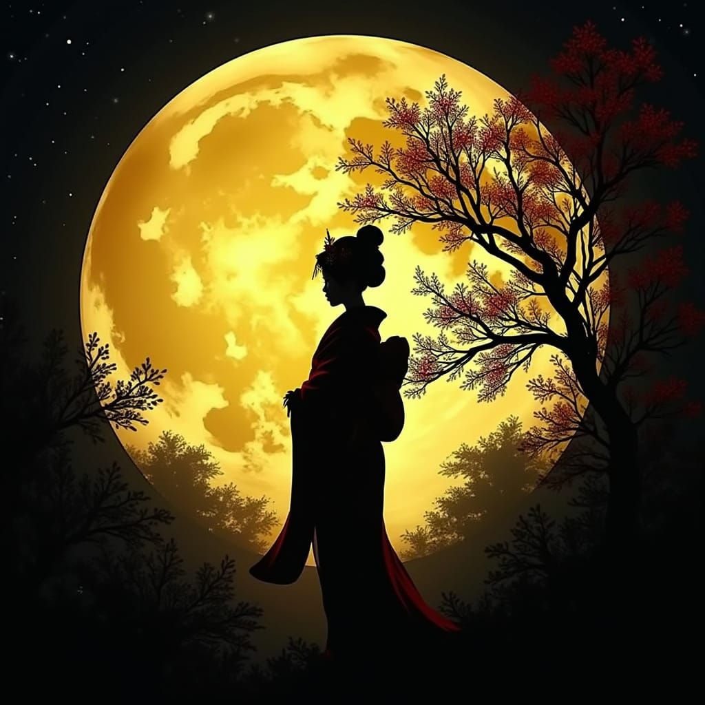 Hyperrealistic Geisha Under Midnight Moonlight