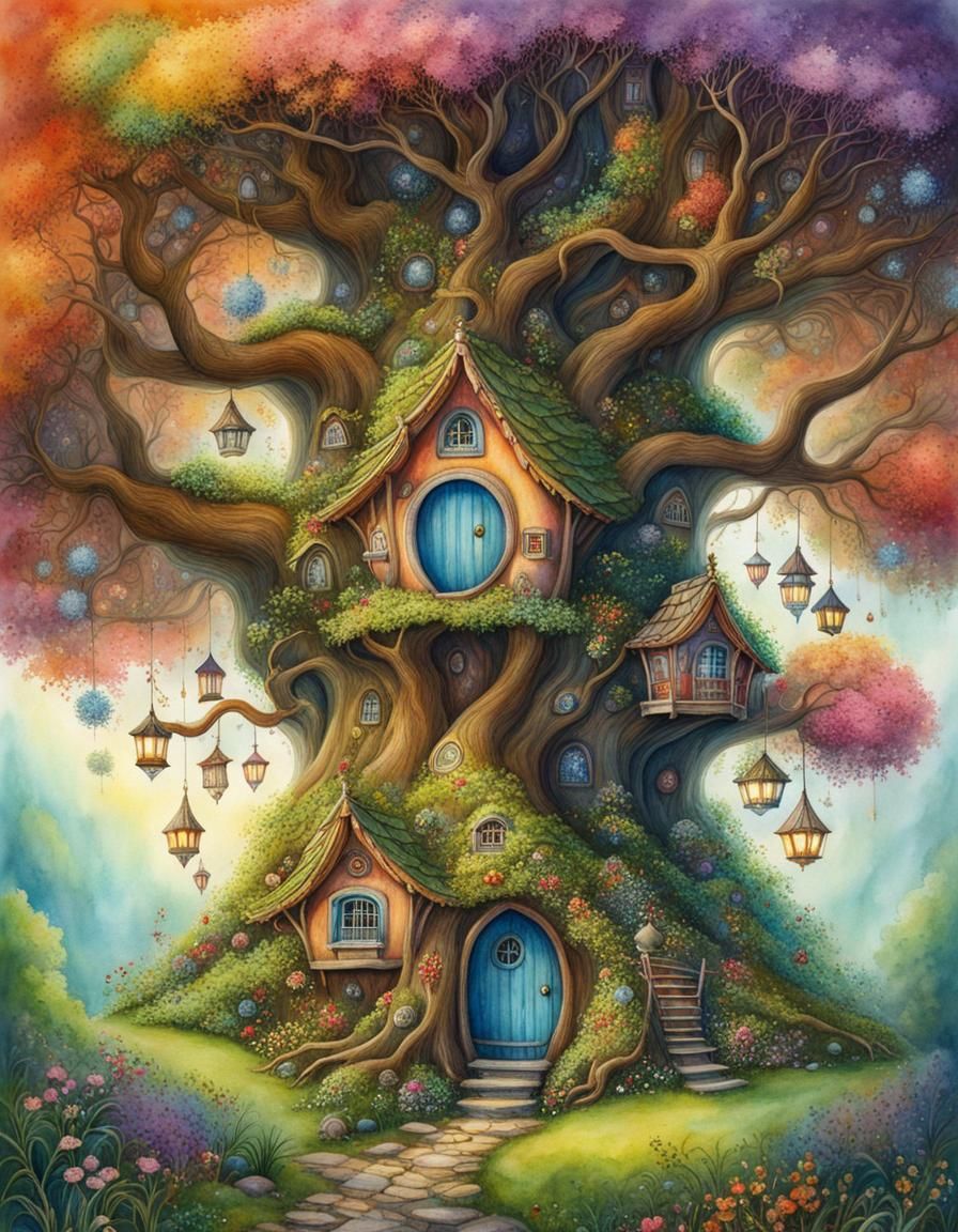 Magical Fairy Tree with Tiny Houses: Watercolor Painting