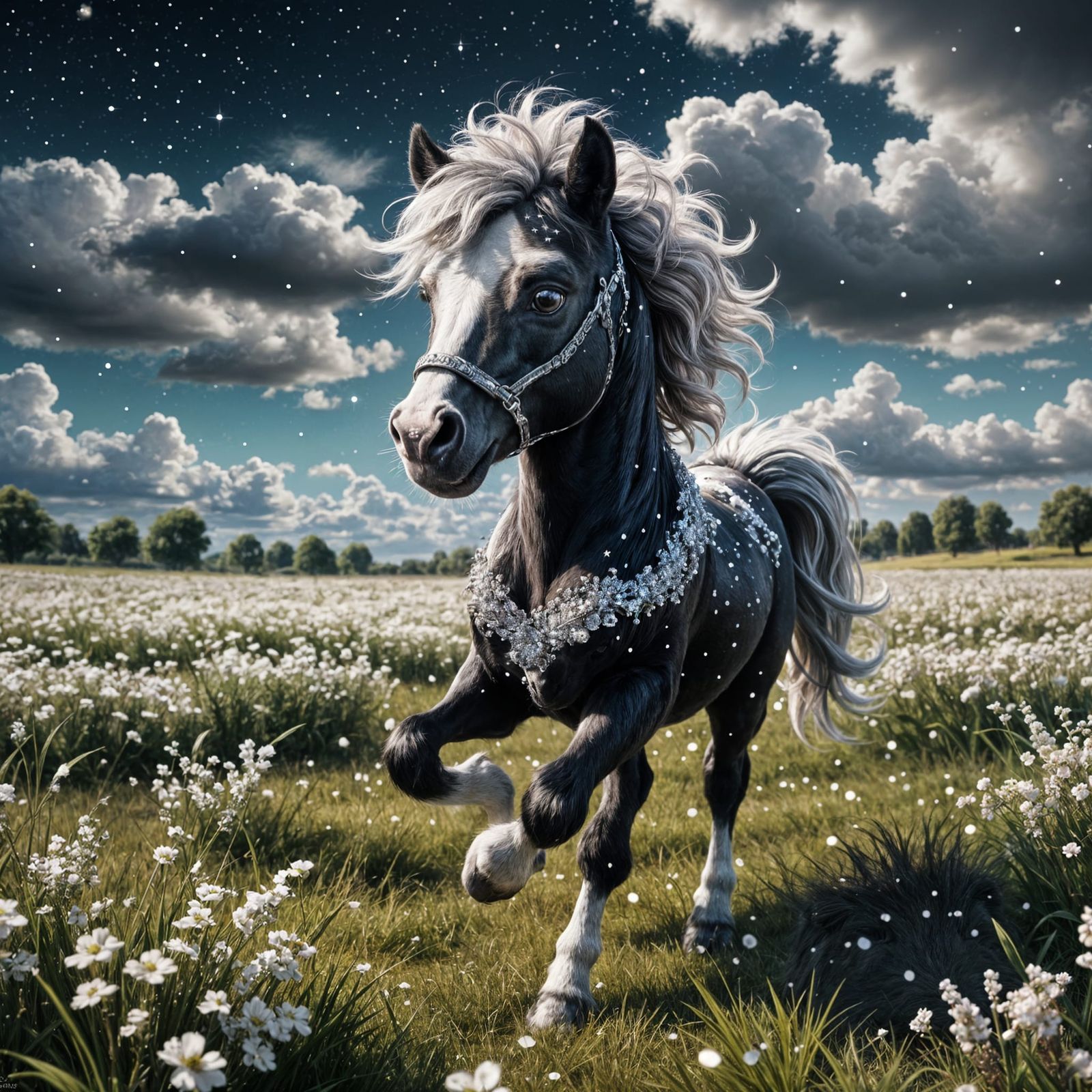Fluffy Pony Bucking in Glitter Field: Fantasy Art