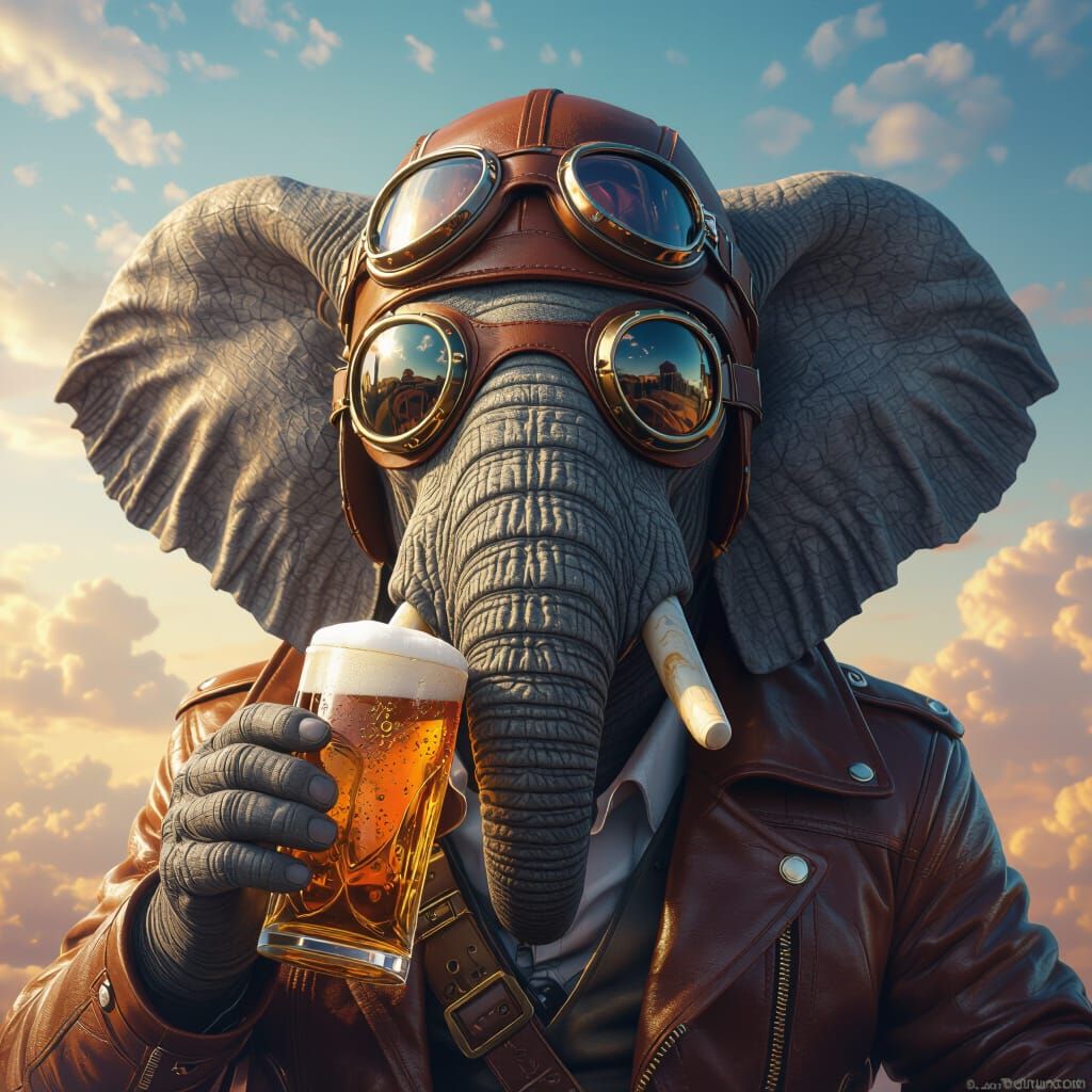 Flying Elephant Drinking Beer in Fantasy Realism Style