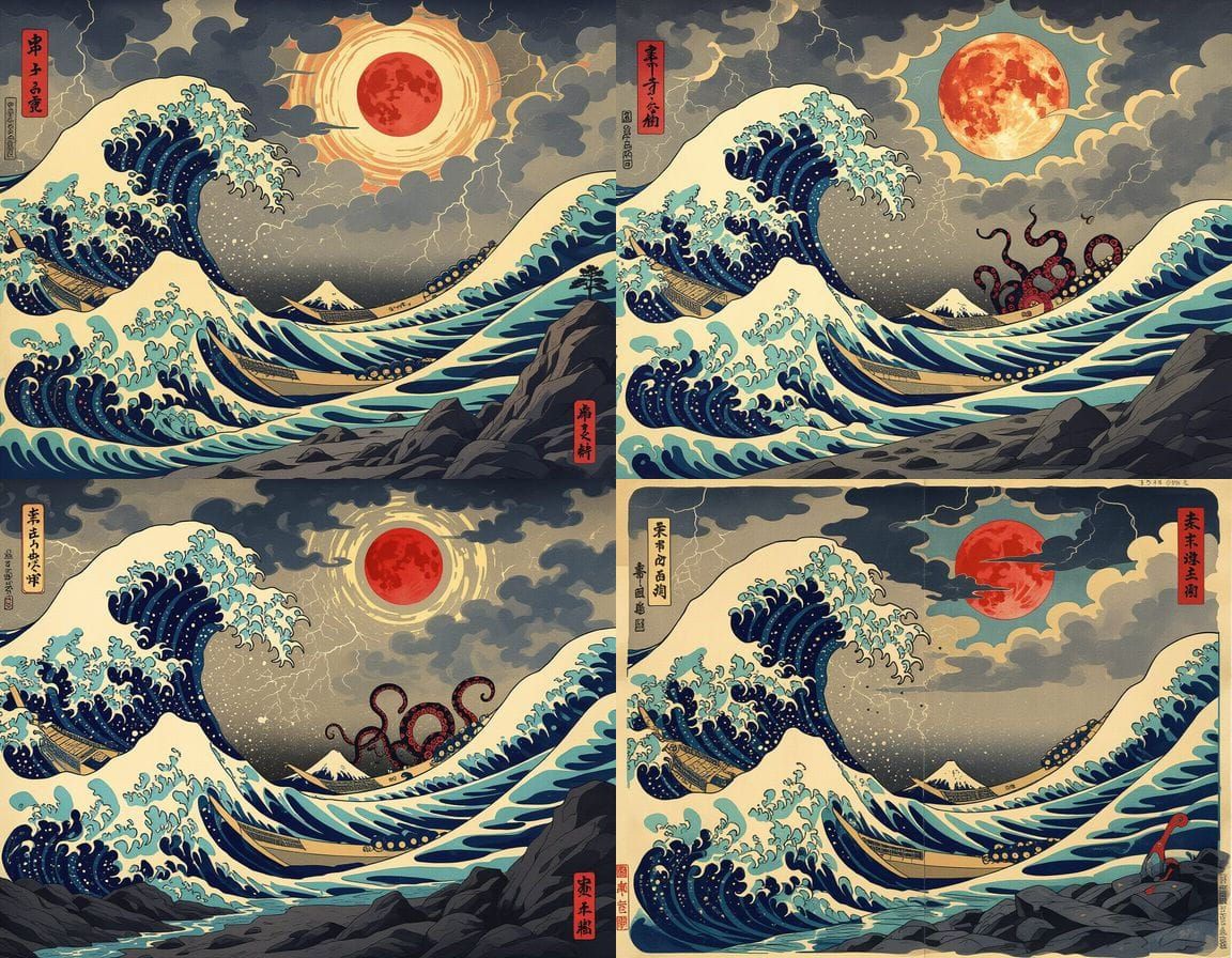 Surreal Ukiyo-e Typhoon with Tentacle Waves