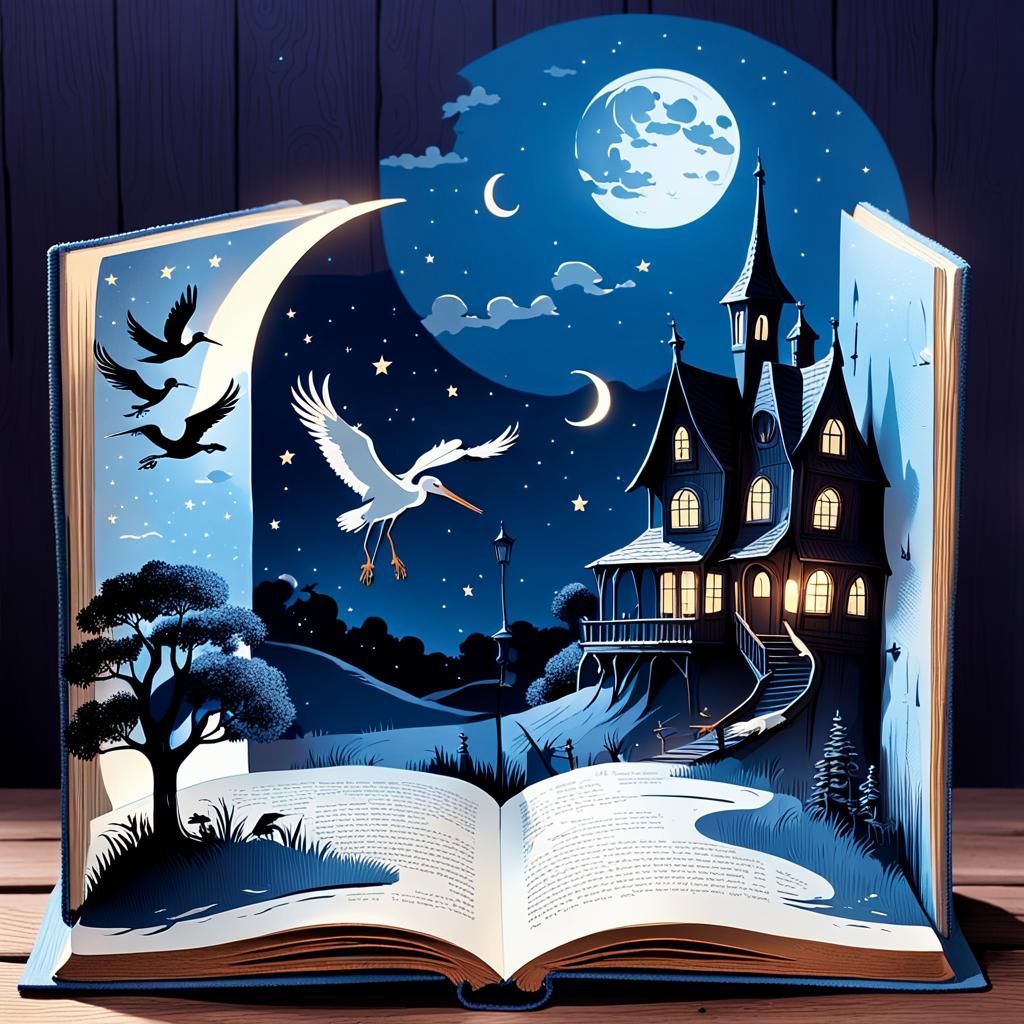 Opened Storybook with Fantasy Scenes