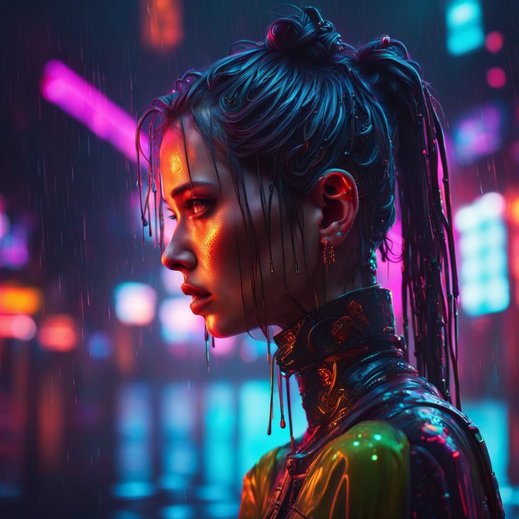 Cyberpunk Girl in Neon Rain: Hyperrealistic Art