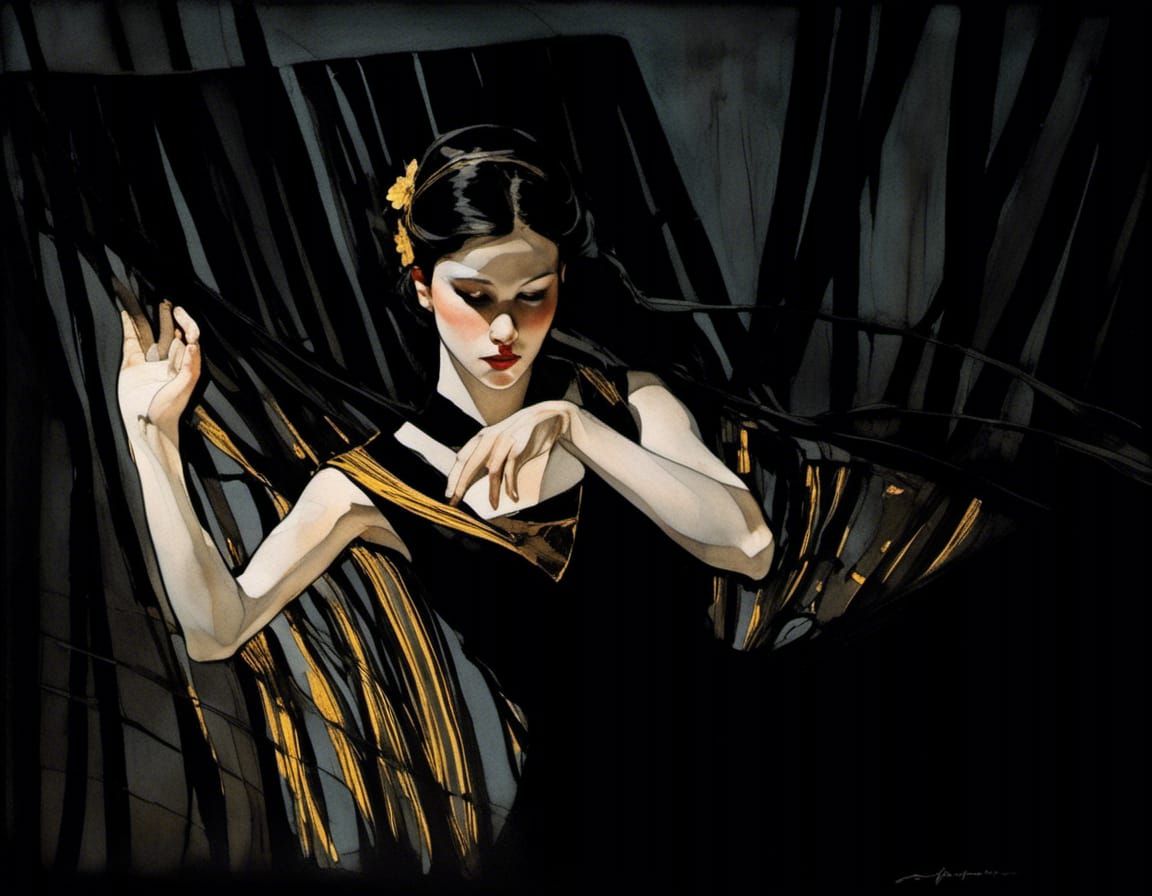 Elegant Woman with Striped Scarf: Mucha, Ghibli Style